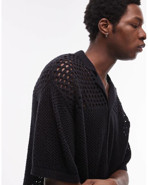 Topman Black Open Knit Pattern Polo for men