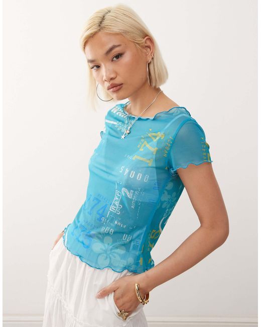 Collusion Blue Sheer Hibiscus Print Mesh Double Layer Top