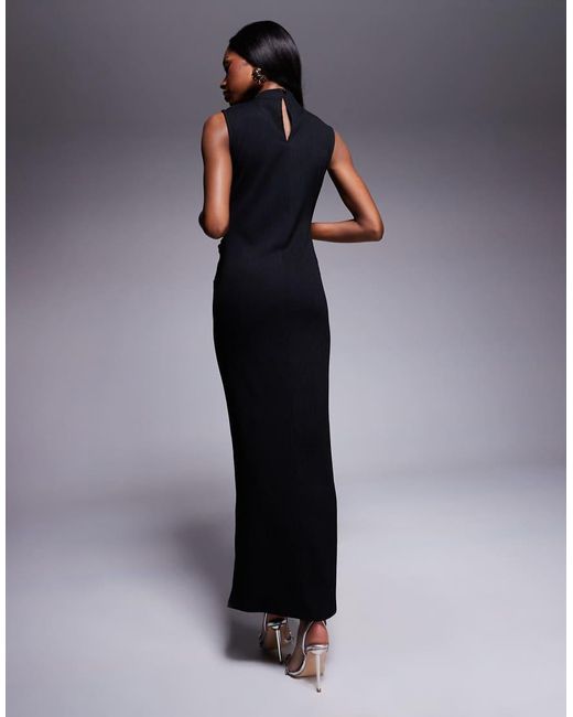 ASOS Blue High Neck Textured Crinkle Midi Dress With Lace Panel Cut Outs