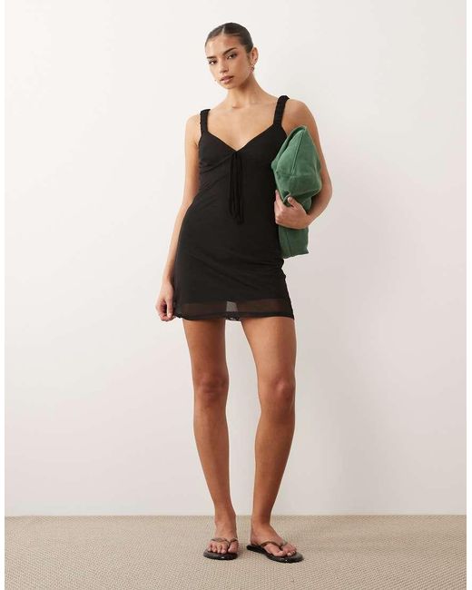 ASOS Black Mesh Cami Mini Dress With Tied Bust Detail
