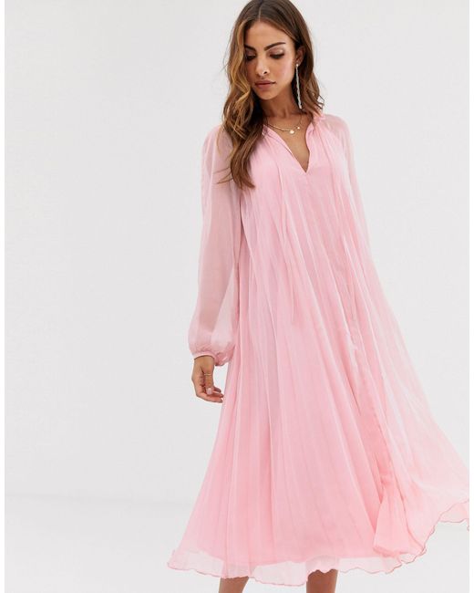 ASOS Geplooide Midi-jurk Met A-lijn En Gestrikte Hals in het Pink