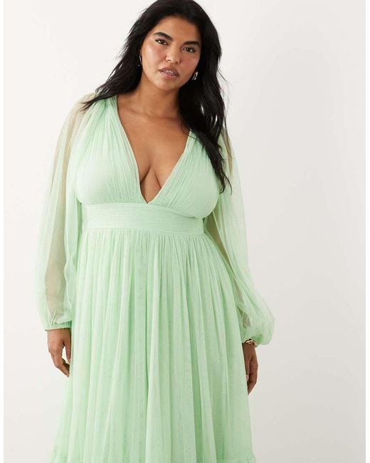 Lace & Beads Plus Green Bridesmaid Madison Smocked Plunge Neck Sheer Sleeve Maxi Dress