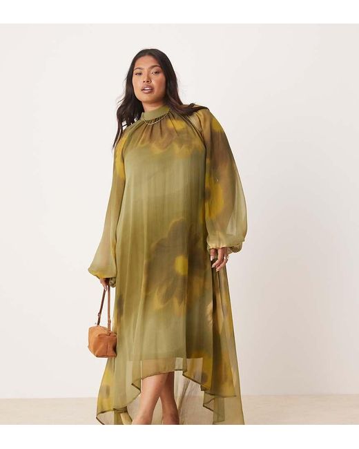 ASOS Asos Design Curve Tie Neck Maxi Smock Dress With High Low Hem in Green  | Lyst UK