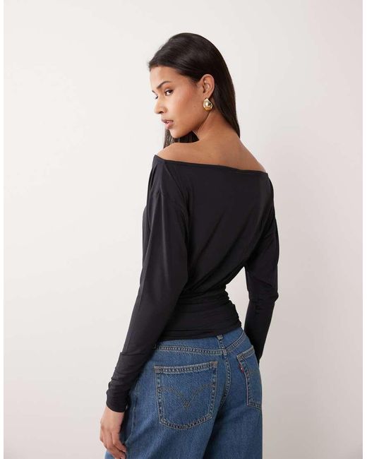 ASOS Blue Slinky Off Shoulder Long Sleeve Top With Cinch Waist Detail