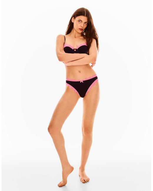 Bershka Black Contrast Lace Thong