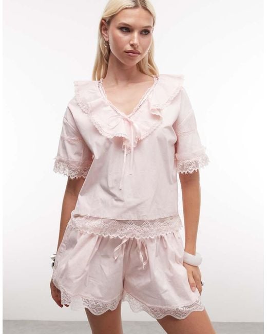Daisy Street Pink Boxy Blouse With Tie Collar And Lace Edging