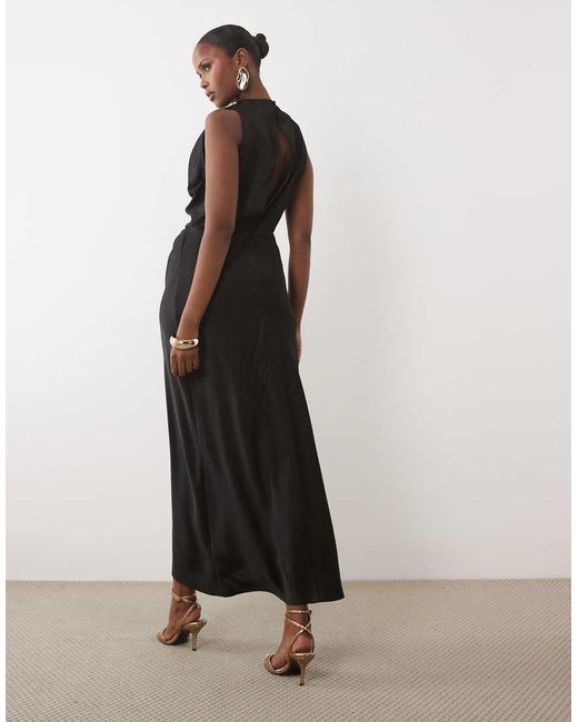 ASOS White Pleated Gathered Bodice Satin Maxi Dress With High Neck