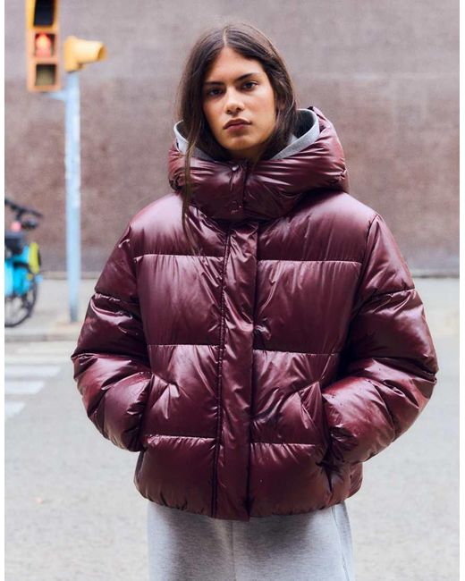 Bershka Purple Oversize Hooded Puffer Jacket