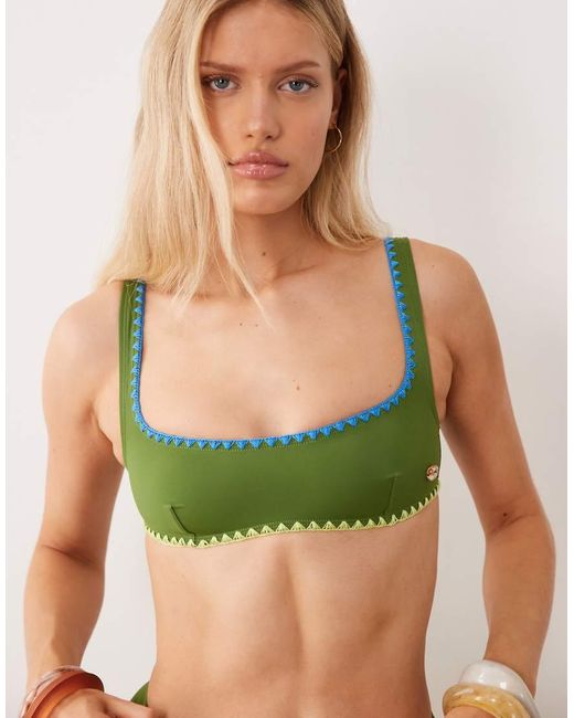 ASOS Green Farrah Fish Scoop Neck Crop Bikini Top With Blanket Stitch Detail