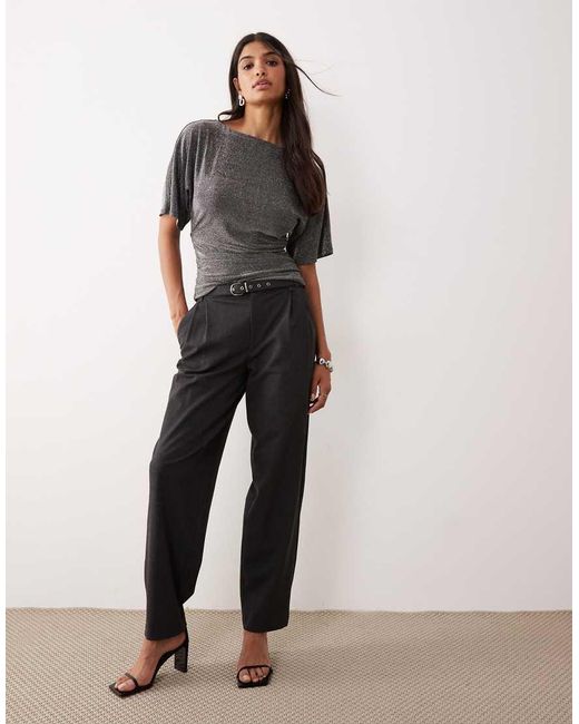 Aware Black Short Sleeve Ruched Detail Glitter Top