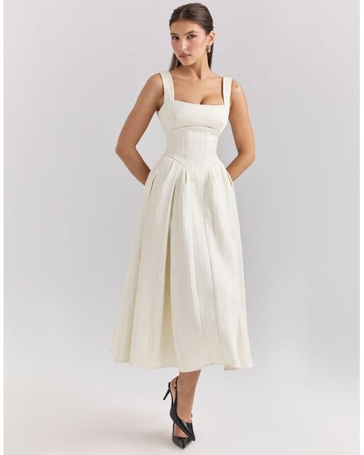 House Of Cb Natural Isabeau Satin Corset Midi Dress