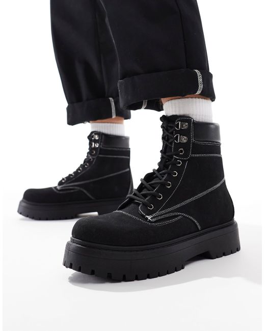 ASOS – schwarze arbeiter-schnürstiefel mit dicker sohle in Black für Herren