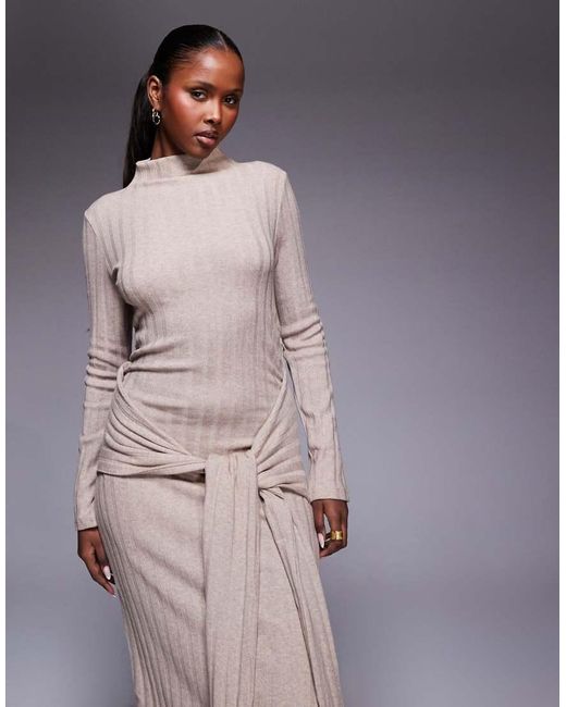 ASOS Ribbed High Neck Tie Front Midi Dress in Natural | Lyst UK