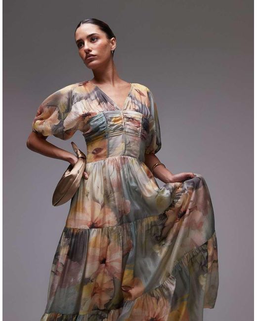 & Other Stories Gray Linen Blend Midi Dress In Floral Print