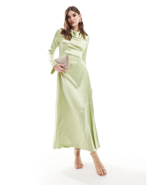 ASOS Green Satin Pleat Detail Maxi Dress
