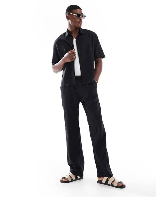 Bershka Black Wide Leg Linen Rich jogger Trousers for men