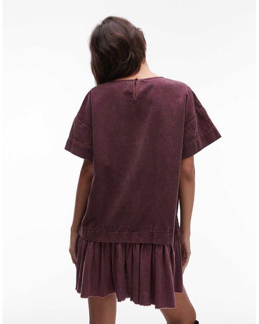 Vestido Corto Color Guinda Lavado Estilo Camiseta Con Diseño Híbrido De Pana De -Morado ASOS de color Purple