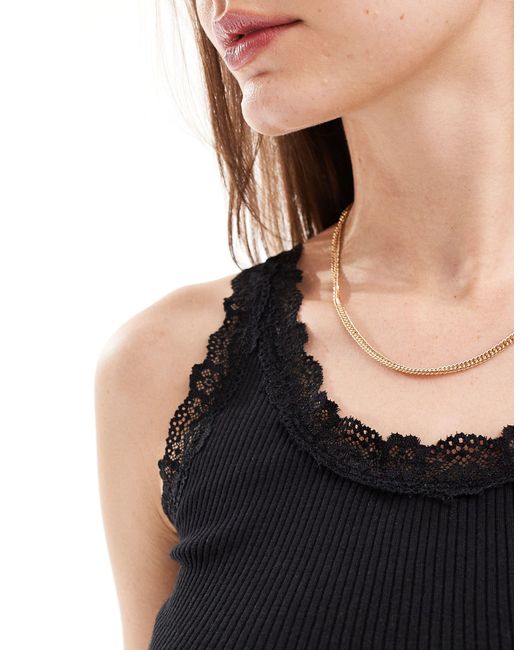 ONLY Black Ribbed Lace Trim Vest Top