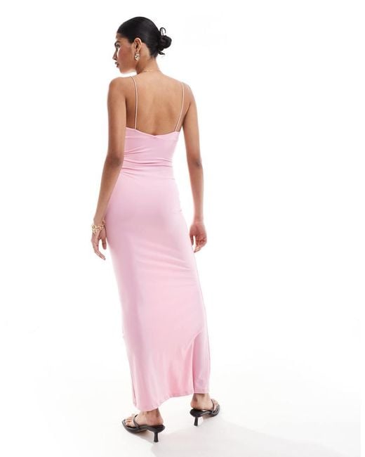 princess polly baby blue dress Bershka Thin Strap Bow Detail Bodycon Maxi Dress in Pink