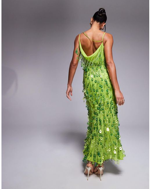 Robe longue avec col bénitier et franges ornées ASOS en coloris Green