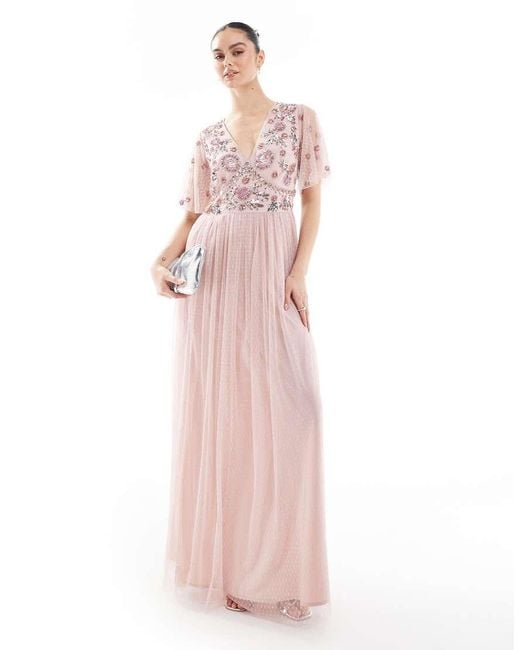 Maya Pink Floral Embellished Polka Dot Mesh Maxi Bridesmaid Dress