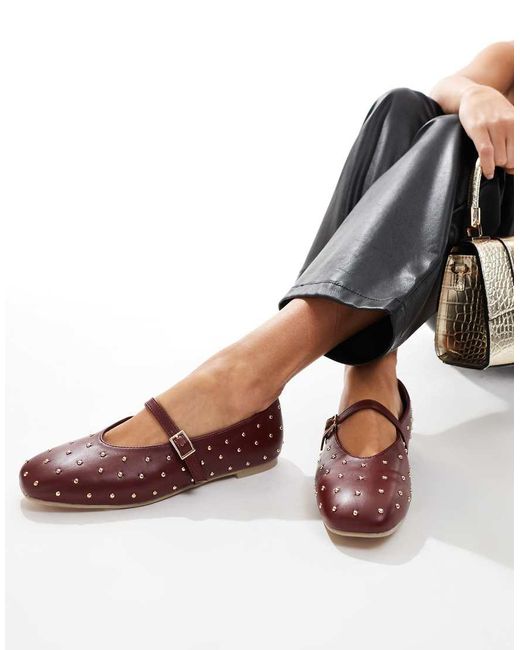 Public Desire Brown Dorina Studded Ballet Flats With Strap