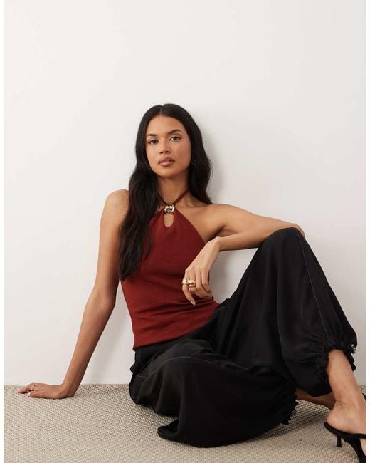 ASOS Black Compact Cotton Keyhole Halter Neck Top With Gold Trim