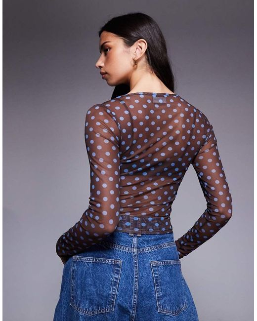 ASOS Top Van Mesh Met Lange Mouwen En Stippen in het Blue