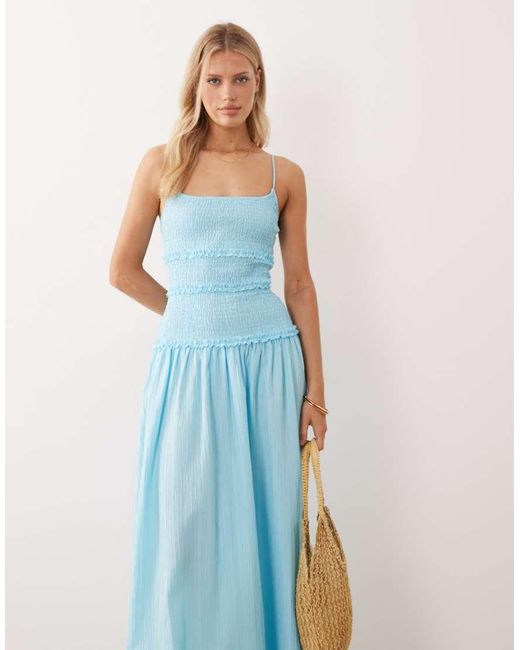 ASOS Blue Crinkle Maxi Sundress With Shirred Dropped Waist