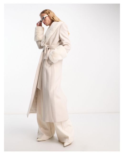Mango Natural X Camille Longline Faux Fur Collar And Sleeve Tie Up Coat