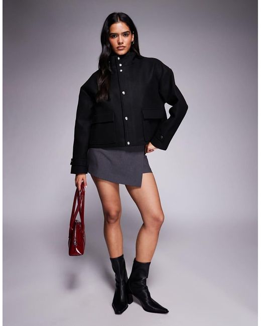 Aria Cove Blue Funnel Neck Zip Through Wool Look Pocket Detail Jacket