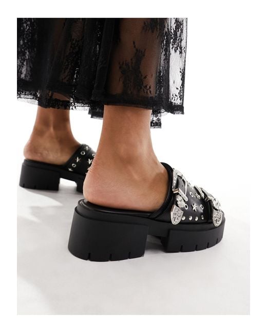 Public Desire Black Maverick Chunky Heeled Sandal With Western Hardware