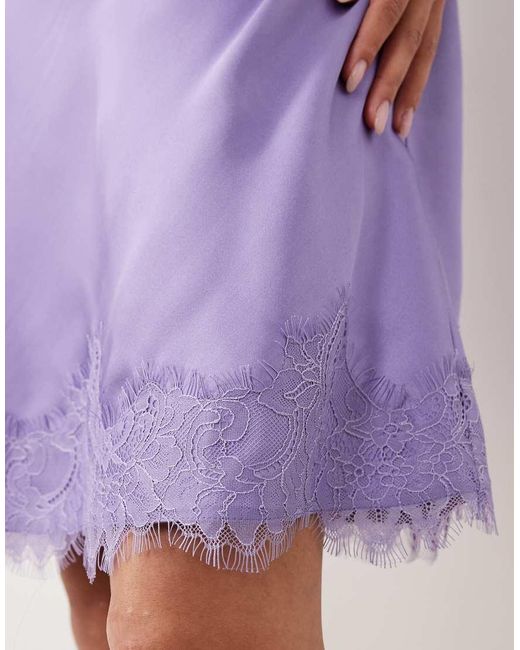 ASOS Purple Asos Design Petite Slash Neck Satin Mini Dress With Lace Hem