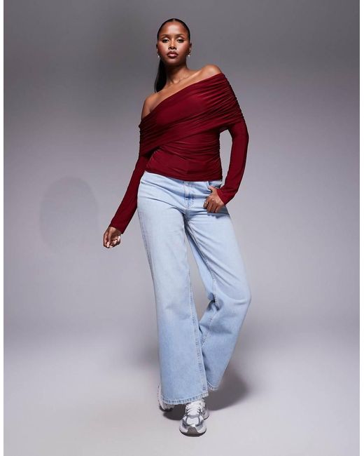 ASOS Red Slinky Drape Bardot Long Sleeve Top