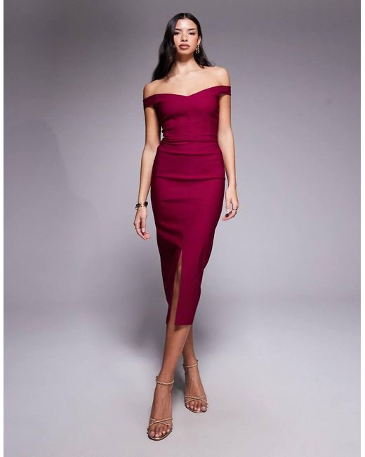 Vesper Red Bengaline Bardot Sweetheart Neckline Split Front Midi Dress