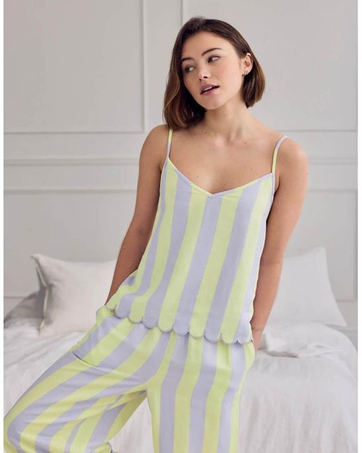 Chelsea Peers Gray Linen Blend Scallop Edge Stripe Long Pyjama Set