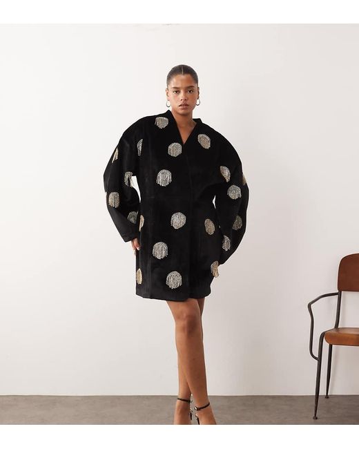 ARRANGE Black Curve Velvet Wrap Mini Dress With Spot Embellishment