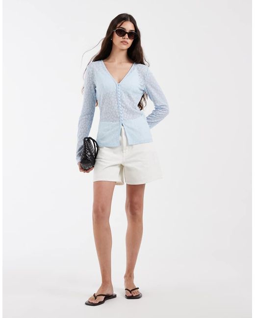 Pieces White Floral Devore Button Front Cardigan
