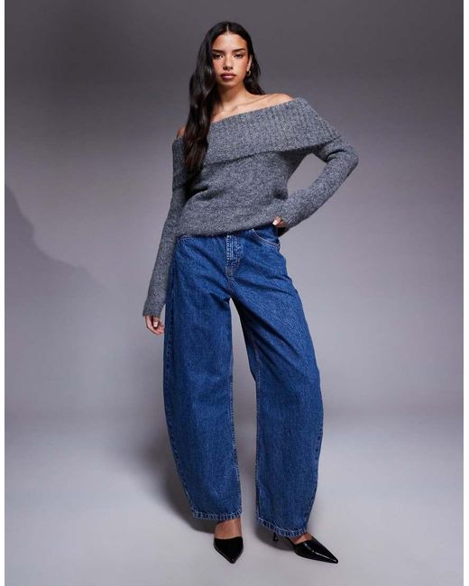 Kaiia Gray Exclusive Wool Feel Textured Knit Deep Off The Shoulder Foldover Sweater