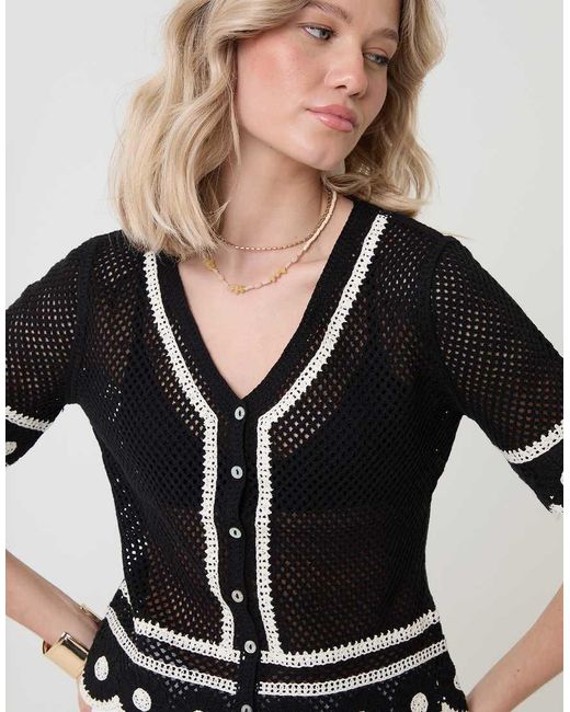 Threadbare Black Crochet Flower Hem Button Up Top