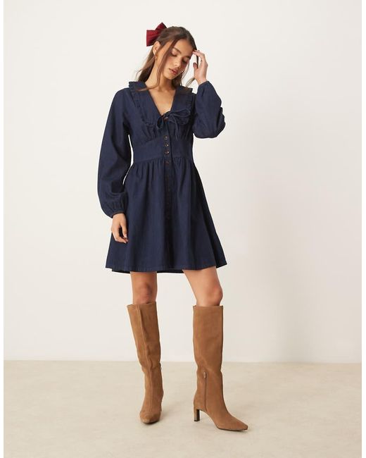 Nobody's Child Blue Ottilie Denim Mini Dress With Collar Detail