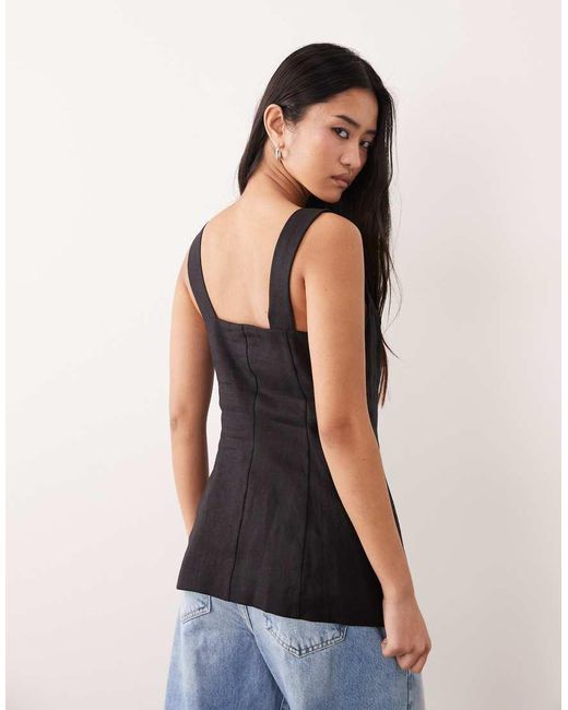 Nobody's Child Black Linen Blend Square Neck Button Down Top