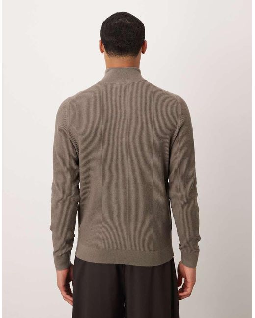 Mango Gray Cotton Mix Ribbed Quarter Zip Sweater for men