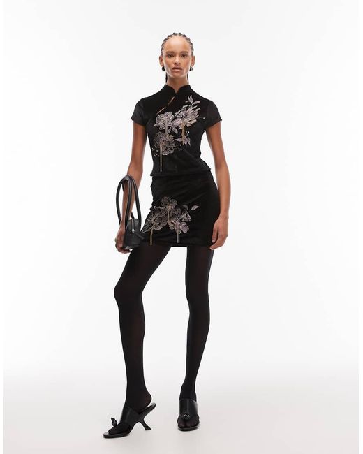 ASOS Black Co-ord Velvet Embroidered Mini Skirt With Drip Bead Detail