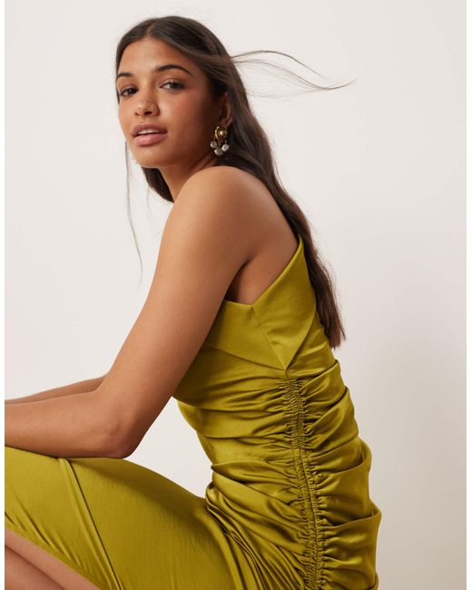 Mango Yellow One Shoulder Ruched Side Midi Dress