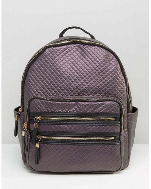 New Look Gray Metallic Quilted Backpack