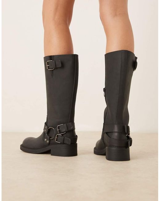 Glamorous Black Harness Biker Knee Boots