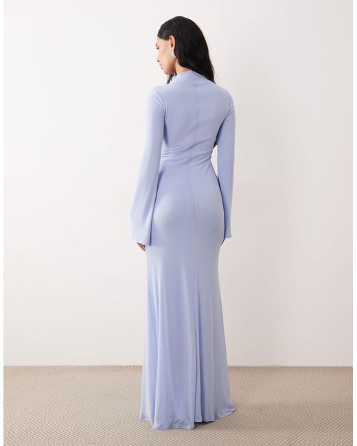 ASOS Mesh Draped High Neck Long Sleeve Maxi Dress in Blue | Lyst