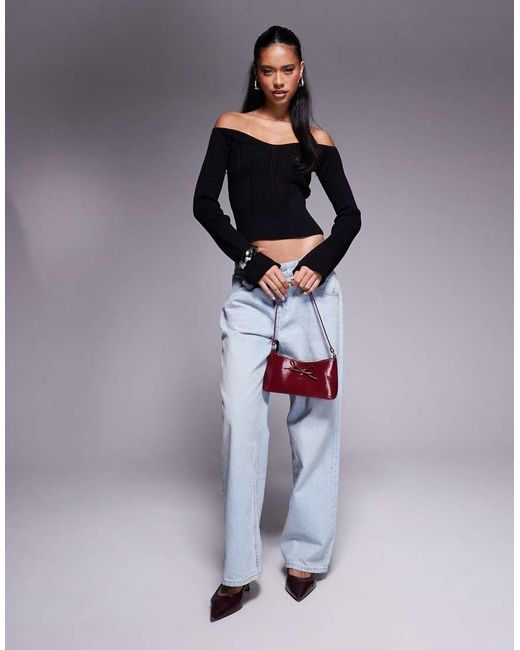 ASOS Gestructureerde Bardot Top Met Lange Mouwen En Ribdetails in het Gray