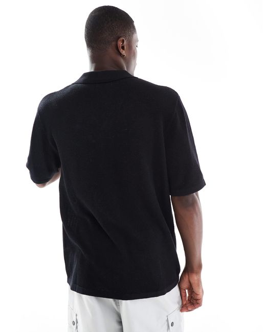 Jack & Jones Black Oversized Button Through Knitted Polo for men